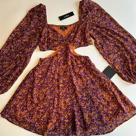 Lulus Dress Size Medium Purple Orange Floral Cutout Tie Front Balloon Sleeve - Picture 1 of 13